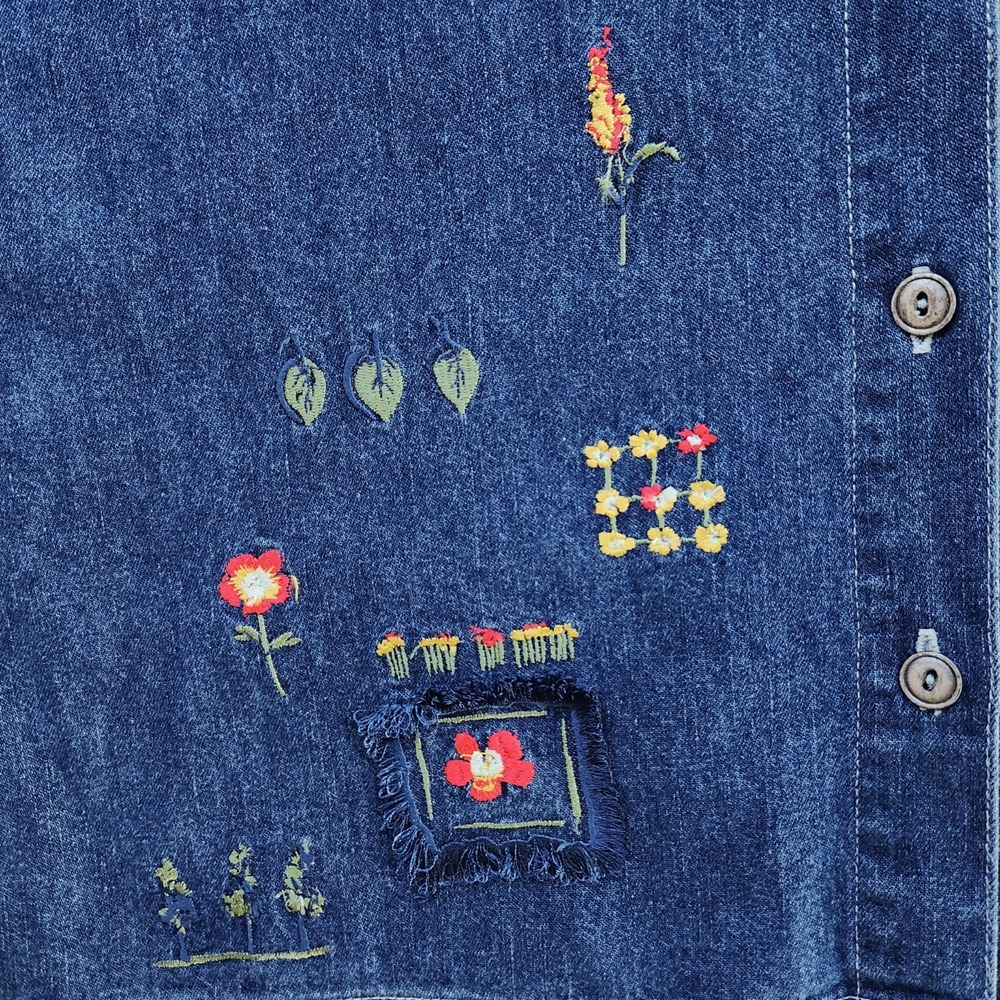 90s Cottagecore Denim Shirt Size XL Embroidered Short Sleeve Grandma Garden - Picture 5 of 10